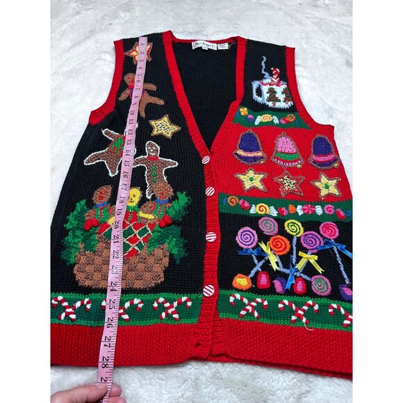 Bechamel Christmas Vest Handmade Knit Black & Red With Candy Cane Buttons & Fest - Picture 3 of 6